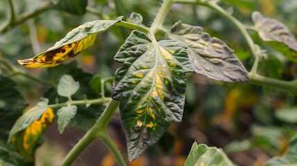Tomato Plant Leaf Showing Symptoms Of Early Blight Concentric Brown Rings With A Yellow Halo Surrounding Each Spot. The Leaf Is Partially Wilted, While Nearby Leaves Remain Green. Crops In Backgroun