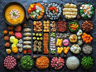 Exquisite Gourmet Asian Food Platter on Dark Background, A Culinary Masterpiece