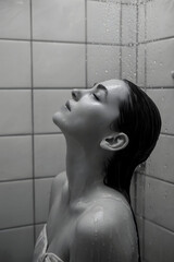 Serenity Under the Stream – Peaceful Moment of a Woman Enjoying a Hot Shower in Black and White Minimalism