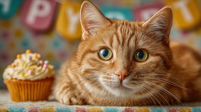 Adorable Cat with Cupcake and Party Decorations
