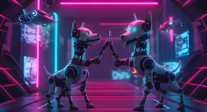 Two futuristic robot dogs high-fiving in a neon tunnel