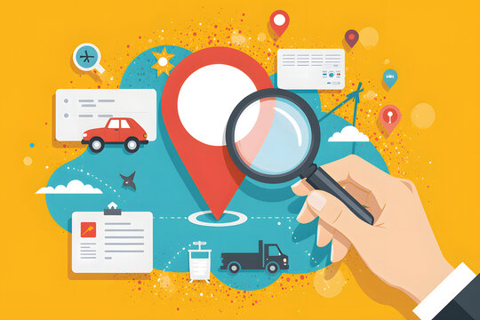 Location Exploration: A vibrant graphic showcases a magnifying glass held over a prominent location pin, surrounded by symbolic icons related to exploration, travel.