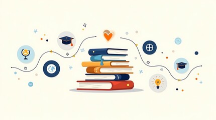 Obraz premium Stack of books with educational icons and connecting lines representing learning and knowledge