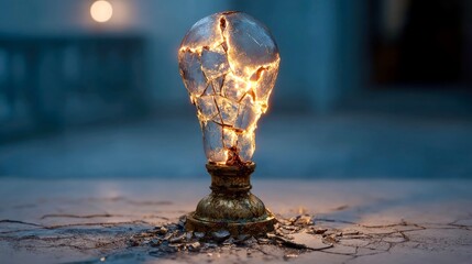 Cracked glowing light bulb standing upright with shards scattered around, emitting warm light in a dark setting, symbolizing fragile creativity or breakthrough through damage.