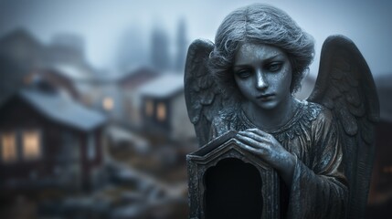 Somber Angel Overlooking Distant Village Scene