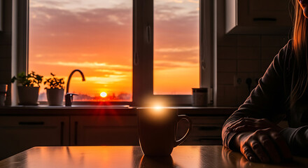 Fototapeta premium Warm Sunrise Scene with Woman Relaxing Near Window and a Mug of Coffee on the Table