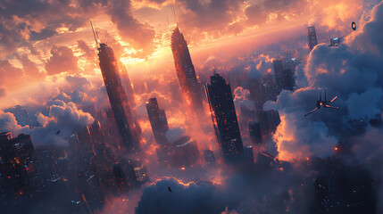  A cityscape with skyscrapers reaching the hovering clouds 
