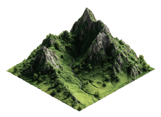 Isometric view of a mountain range. Lush green valley and rocky peaks
