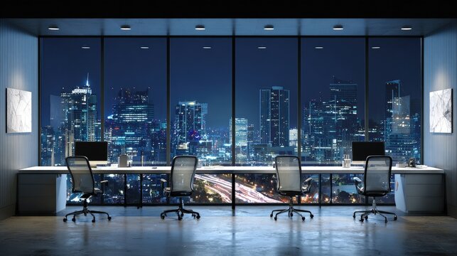 Fototapeta Modern Office With Panoramic Night City View