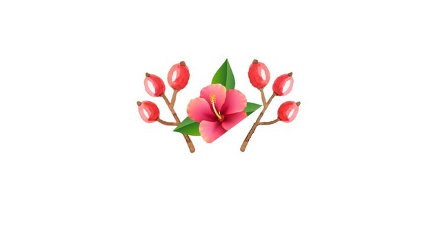 draw red flower decorate with red bud joining brown stem and several green leaf in stylish shape on white screen background
