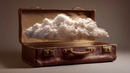 Surreal image of a fluffy white cloud floating inside an open vintage suitcase, symbolizing imagination, dreams, or emotional baggage in a whimsical concept.