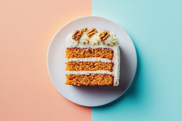 Slice of moist carrot cake with cream cheese frosting on pastel background, flat lay.