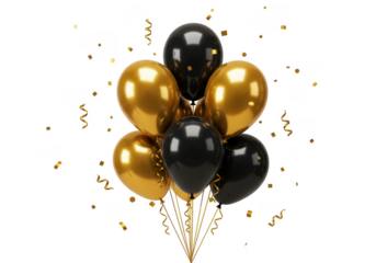 Gold and black party balloons with confetti isolated on transparent background