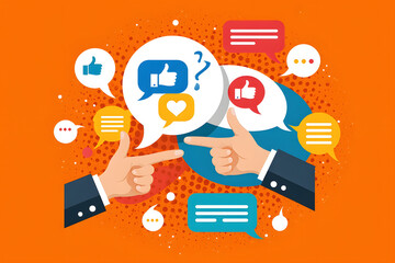 Digital Dialogue: Two hands engage in a lively exchange, surrounded by vibrant speech bubbles brimming with social media icons against a bold backdrop.