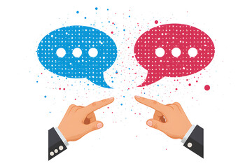 Dialogue & Conversation: Two hands are pointing towards two dialogue bubbles, a vivid display of contrasting ideas and a central point for discussion.