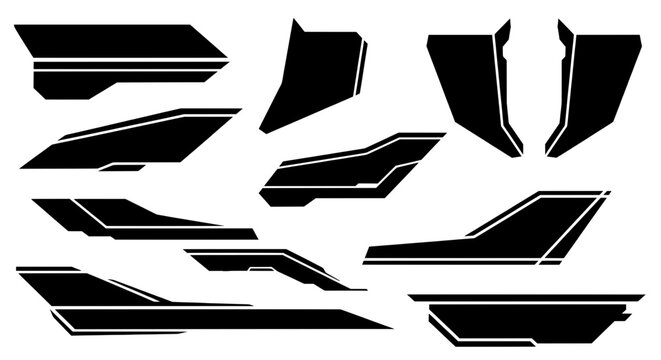 Collection of sleek and modern futuristic shapes. Black abstract elements designed as aerodynamic vehicle decals, sci-fi racing liveries, or for cyberpunk industrial graphics and UI.