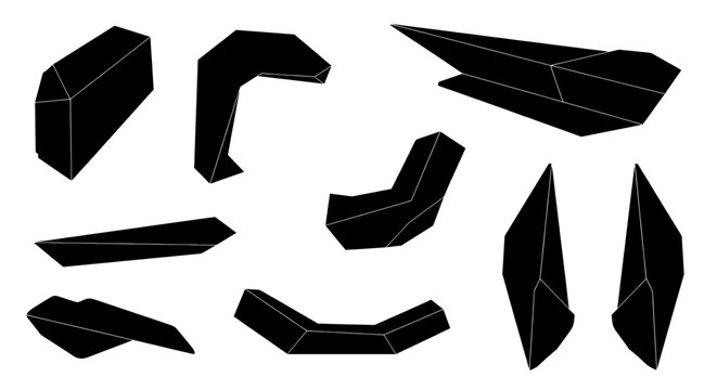 Collection of abstract geometric crystal and shard-like forms. The minimalist black shapes feature thin lines, giving them a faceted 3D appearance for futuristic or tech branding.