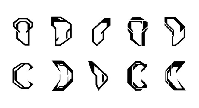A set of ten unique black abstract shapes resembling letters like C and D. These futuristic, angular elements are ideal for creating custom sci-fi typography, tech logos, or modern branding.