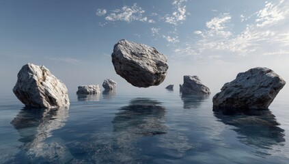 Floating Stone Circle: A serene and surreal scene of stone rocks seemingly suspended above water, against a backdrop of a bright sky, evoking a sense of wonder and balance.