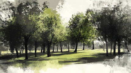  A digital sketch of a grove of trees, captured halfway through their lifetime, poised majestically in a park 