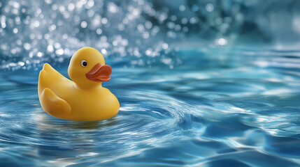 A cheerful yellow rubber duck floating in a sunny pool