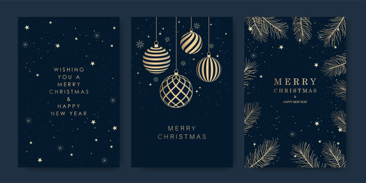 Merry Christmas and Happy New Year greeting card with golden shiny Christmas tree balls, fir branches. Vector illustration, greeting card design, covers.