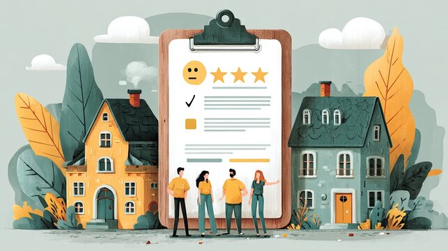 Property review and rating form with digital evaluation interface, user satisfaction input, and real estate feedback