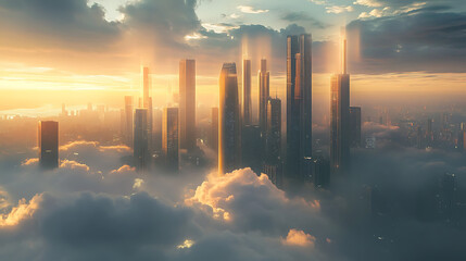  A cityscape with skyscrapers reaching the hovering clouds 