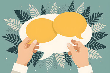 Dialogue Bubble: Two hands holding a dialogue bubble surrounded by a vibrant floral design, illustrating communication and interaction.