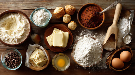 Top view composition of pastry tools and dessert ingredients, ideal for cupcake or pie recipes, food blogs, and cooking tutorials.

