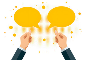 Conversation Concept: Two hands in a business suit each hold a speech bubble, illustrating effective communication and dialogue.