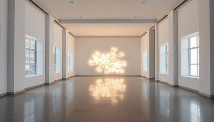 Fototapeta premium Modern art gallery with illuminated installation and reflections on polished floor