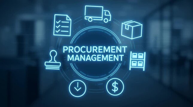 Procurement management process in business with logistics contract warehouse and supply chain strategy icons in blue digital interface - Powered by Adobe