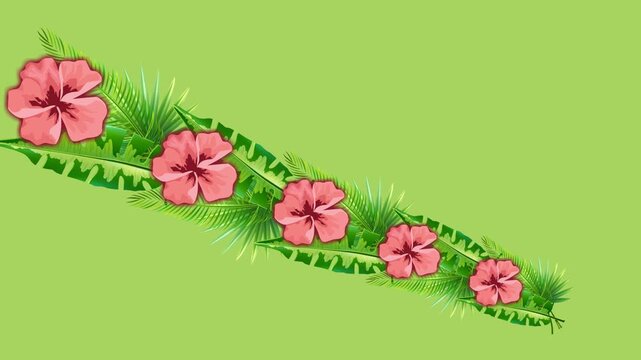 draw series of brown flower decorate with joining several green leaf on green screen background
