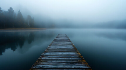  A lonely wooden dock stretching out into a misty lake at dawn 