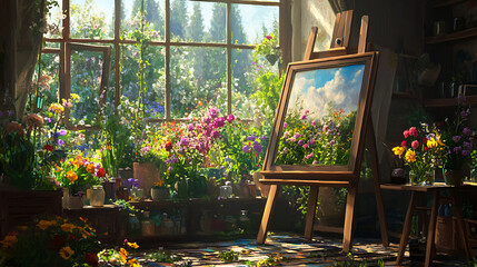 A lady artist finding inspiration and painting a still life of her blooming garden 