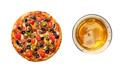 Top View of Pizza and Beer on White Background
