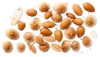 A scattered assortment of almonds and other nuts displayed on a black background from above view .