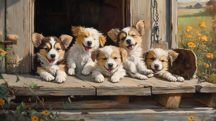  Playful puppies on a wooden plank porch with a typical mid-western farm landscape 