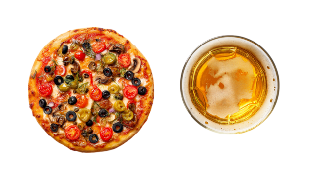 Top View of Pizza and Beer on White Background