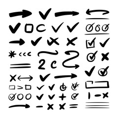 Hand-Drawn Symbols: A collection of black and white vector illustrations featuring various hand-drawn arrows, checkmarks, crosses, and other symbols, perfect for design projects.