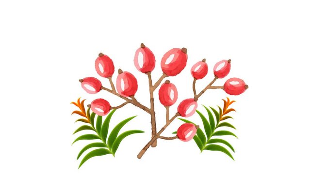 draw bud red flower decorate with joining brown stem, colourful green leaf and several beautiful butterfly in stylish shape on white screen background

