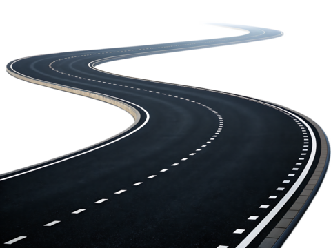 A winding asphalt road with white lane markings curving through a dark isolated background scene view