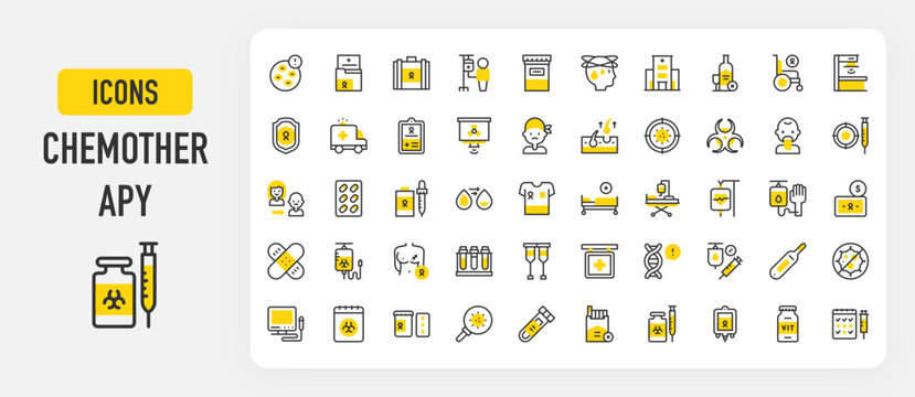 Set of Chemotherapy vector stroke icons. such as Adn, No Cancer, Medicine, Syringe, Blood, Vomiting, Dizziness, Radiation, Vitamins, Hospital Bed, Target, Money, Search, Calendar illustration.	
