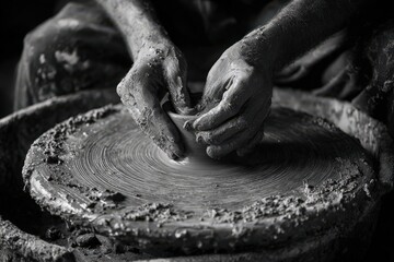 Crafting Art: A skilled artisan's hands shape wet clay on a spinning pottery wheel, transforming raw material into beautiful objects of art, captured in a striking grayscale photograph.