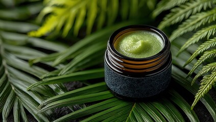 Organic Skincare Essence: A meticulously arranged glass jar holds a natural, green skincare product, presented on an assortment of vibrant, verdant leaves
