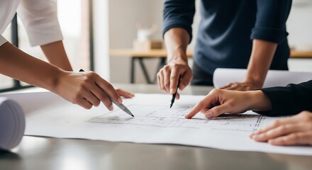 Architects and engineers collaborate on building blueprints and construction plans