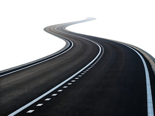 Obraz premium A winding asphalt road with white lines and a black background showing the path ahead on a journey
