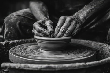 Crafting Clay: A skilled artisan's hands mold wet clay on a spinning potter's wheel, shaping a bowl with patient precision and artistic finesse.