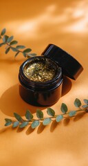 Artistic Gold Glitter Jar: An open black jar is positioned amidst leafy branches and striking light casting shadows, an artistic and elegant display.